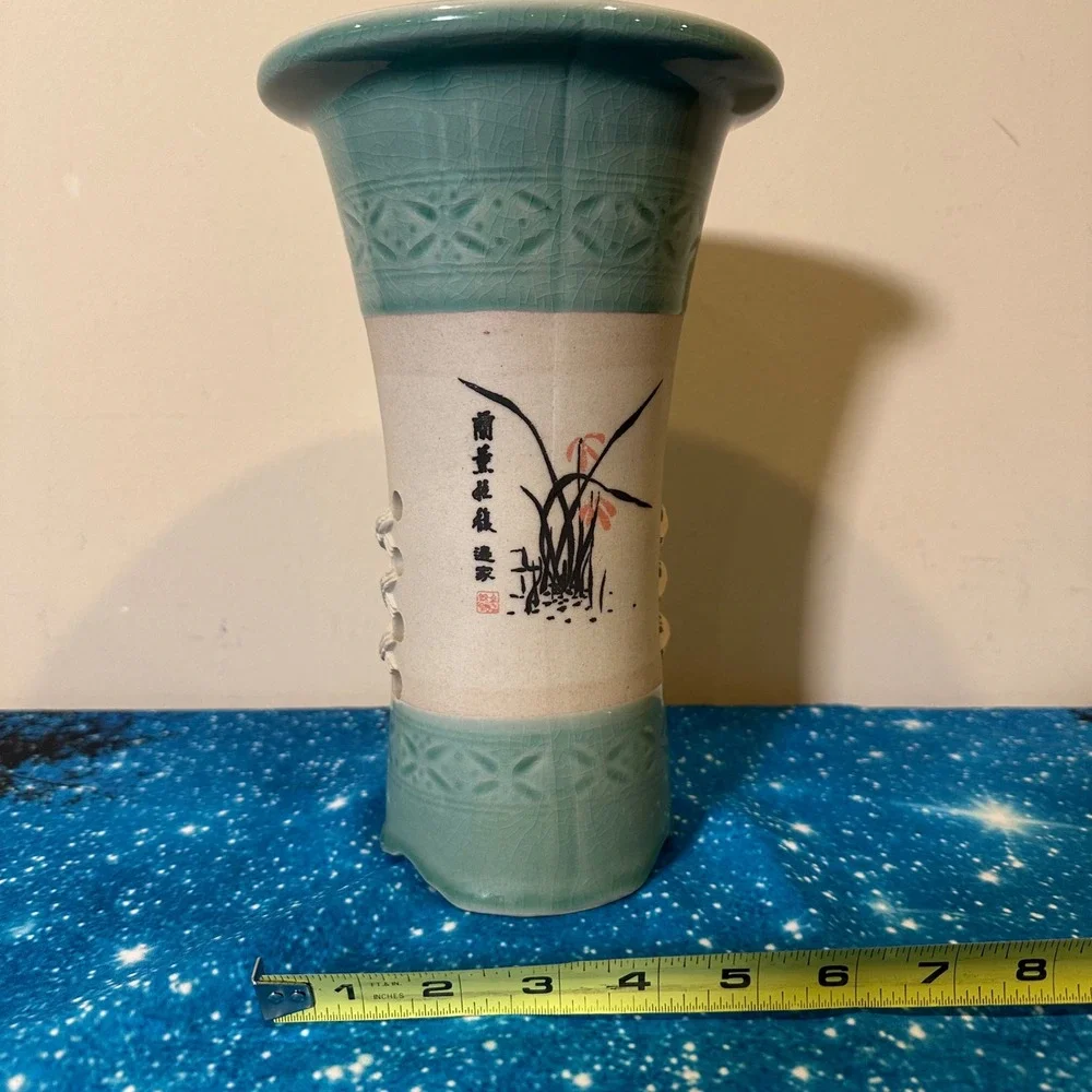Vintage Korean Celadon Orchid Pot Crackle Glaze Hand Painted Ceramic Vase 10in